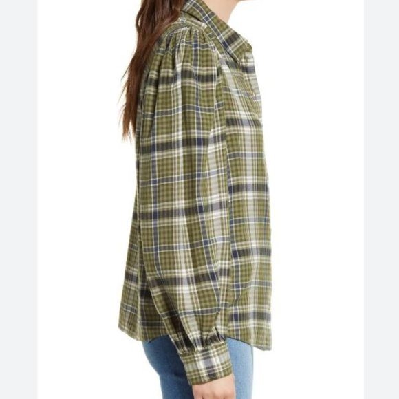 TREASURE & BOND Plaid Puff Shoulder Button-Up Top - Picture 2 of 3